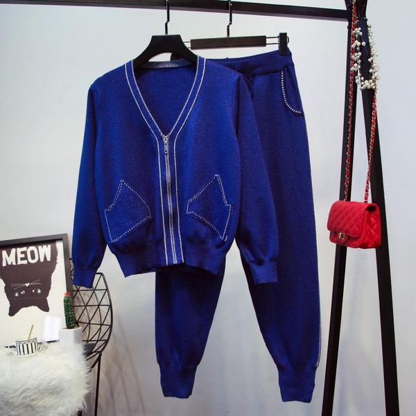 

woman v neck zipper shining knitted cardigans+pants two pieces sets good quality knit tracksuit outfit-c, White