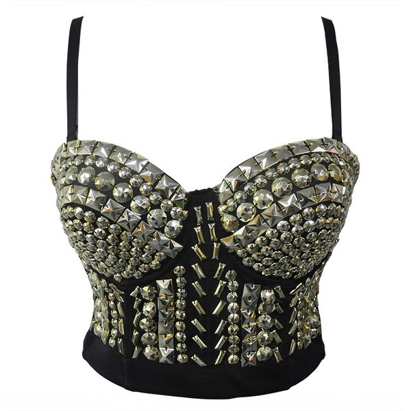 

selling nightclub singer dancer beaded performance clothes punk beaded women's golden bra, Black;red