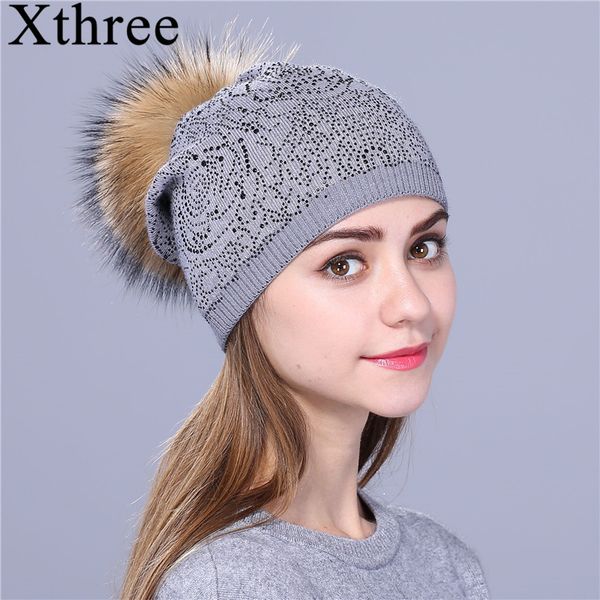 

xthree new rhinestone winter hat for women girl warm wool knitted beanie skullie real fur pom gorro female cap, Blue;gray
