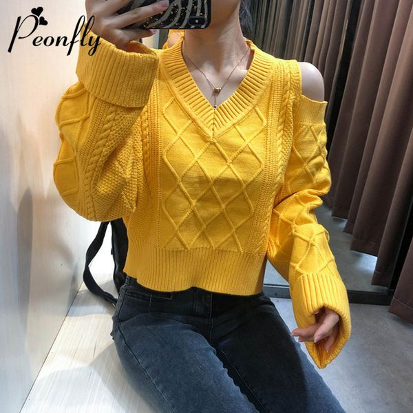 

women's sweaters peonfly 2021 autumn knitted sweater off shoulder pullovers for women long sleeve v neck female jumper yellow red, White;black