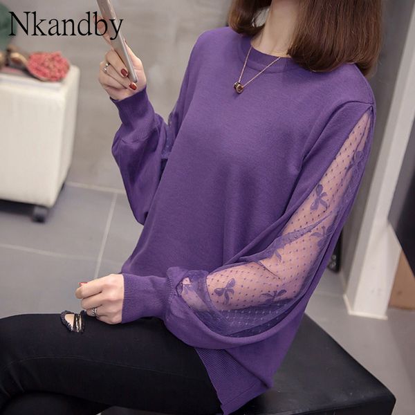 

plus size knit pullover 2020 spring trendy korean loose bow pattern sweater lace patchwork long sleeve chic office knitwear, White;black
