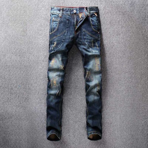 

italian style fashion men jeans retro blue slim fit ripped jeans men denim cotton pants vintage designer homme