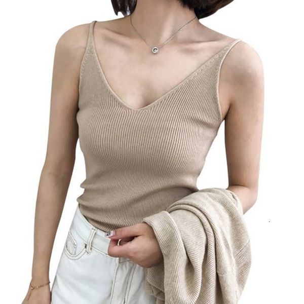 

tank women retro v neck sleeveless solid knitted tank 2020 new arrival drop shipping, White