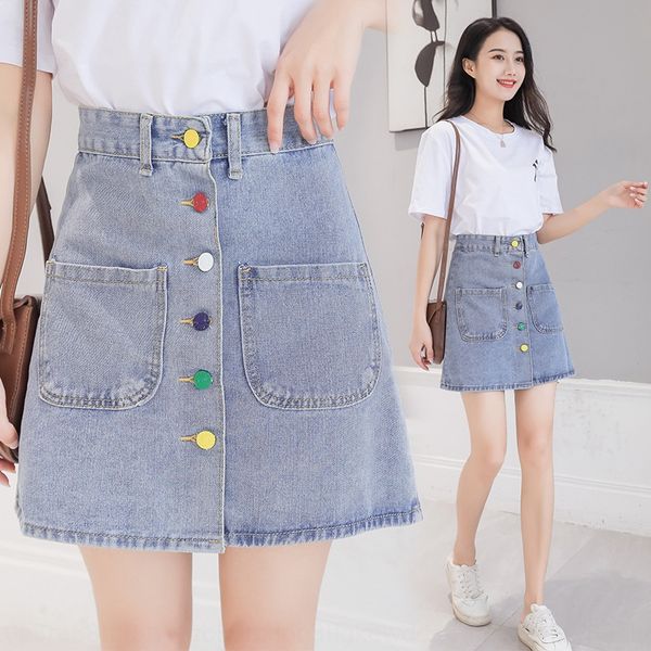 

rainbow buckle women's 2020 summer new high waist a- line denim denim skirt sweet slim all-match skirt a- line dress, Black