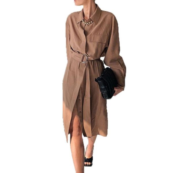 

women's trench coats coolwife coat women autumn winter casual turn-down collar covered button long sleeve adjustable waist shirt dress, Tan;black