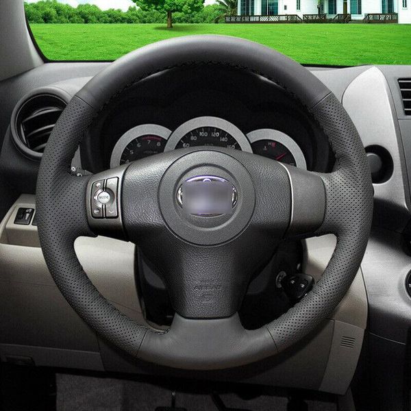 

custom-made hand-stitch black leather car sreering wheel cover for toyota rav4