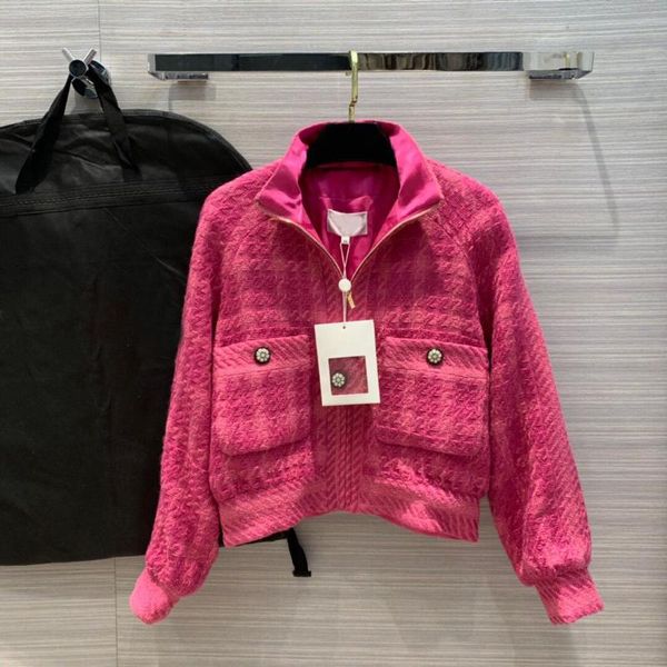 

women's wool & blends 2021 est rose color 100% tweed short jacket runway designer woven zipper pockets chic coat outwear with silk line, Black