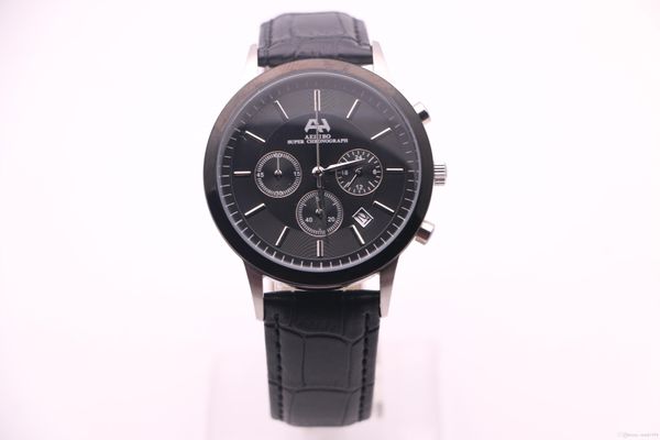 

2017, AEHIBO new brand, new men's watches, VK quartz chronograph running seconds movement, black leather strap, black dial, silver poin