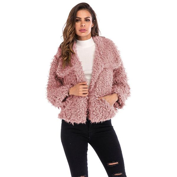 

with pocket casual faux fur women coat soft holiday warm turndown collar autumn winter daily fluffy long sleeve work solid, Black