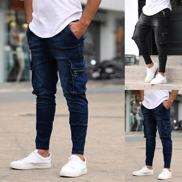 

men jeans fashion solid denim trouser distressed jeans long pants streetwear men clothes homme roupas, Blue