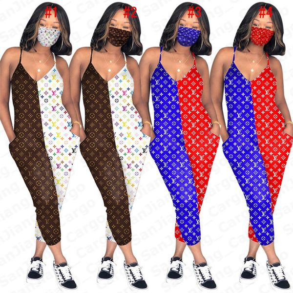 

summer women spaghetti strap bodysuits+ masks 2 piece tracksuit print patchwork suspender jumpsuits designer face mask romper outfits e51301, White