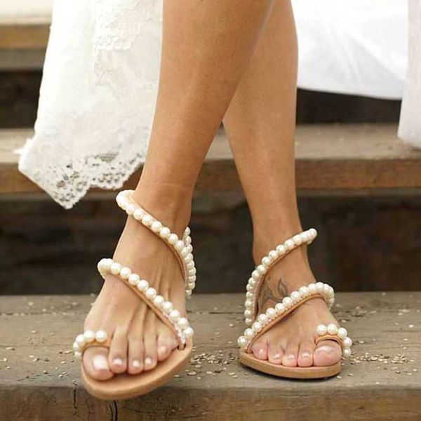 

shujin women sandals summer shoes flat pearl sandals comfortable string bead slippers women casual size 35 - 43 cs02, Black