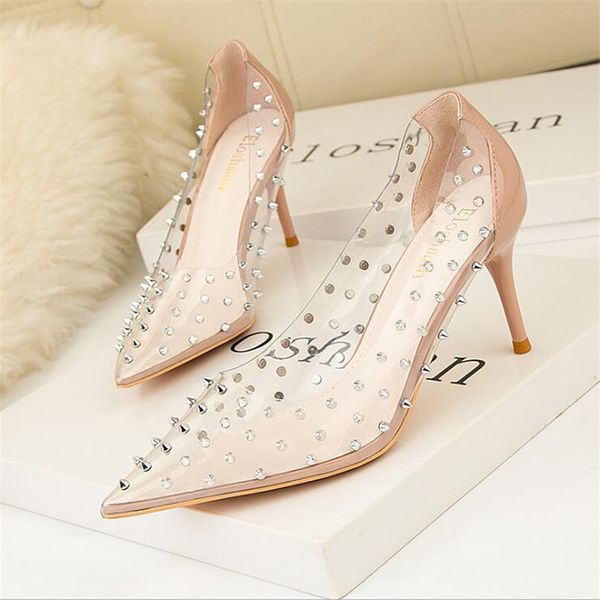 

высокие каблуки ню блеска черного офис обувь 2020 новых женщин 10см обуви остроконечной shallow sexy заклепка партия женщина насосы, Black