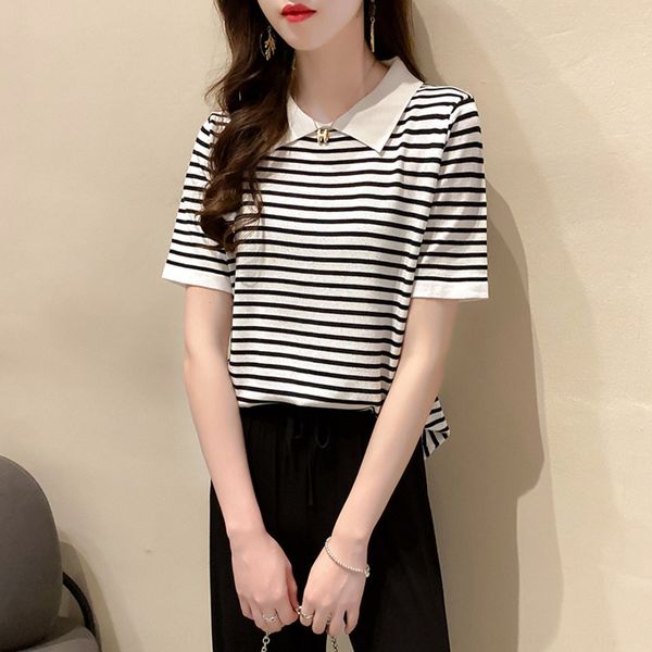 

women's 2020 summer new t-shirt women's ice silk short sleeve t-shirt knitted sweater knitwear knitwear thin ins trendy striped to, White;black