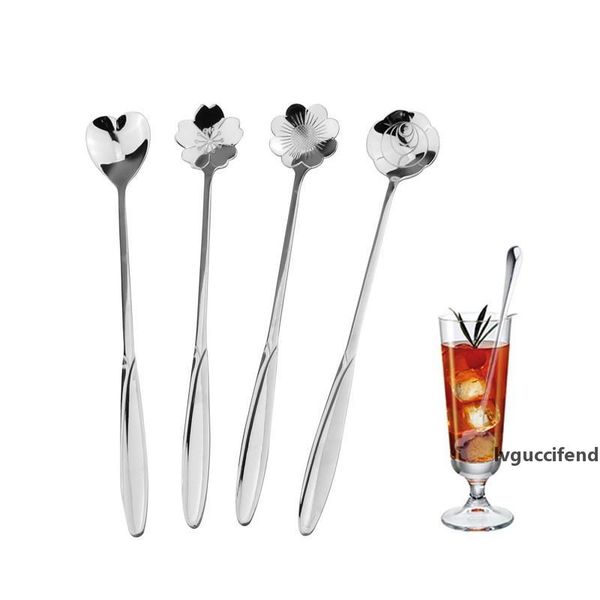 

4pcs / set long handle flowers shaped stirring spoons stainless steel flatware ice tea dessert spoon dinnerware kitchen accessories