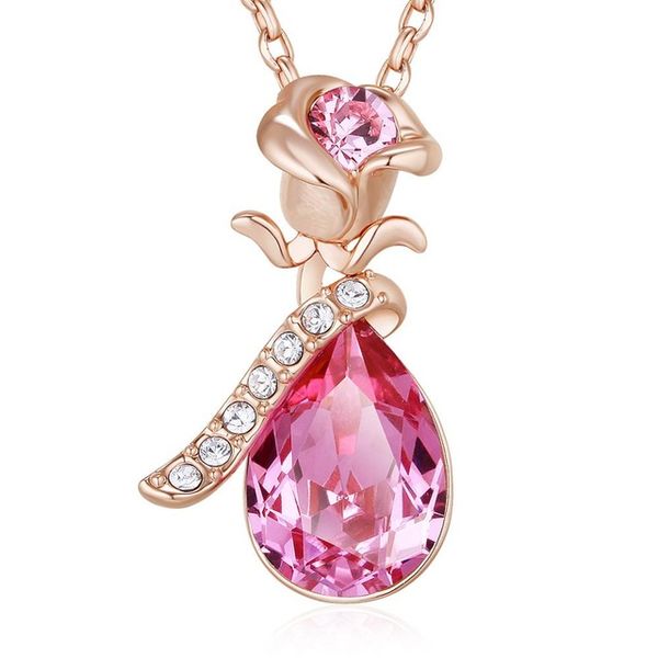 

Crystals Necklaces Rose Vintage Women Charm Gold Pendant Zircon Pink Blue Sexy Flower Set Elegant Statement