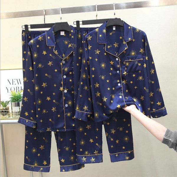 

new 2020 autumn and winner 100%silk blue five star pattern fashion design -3xl size v-neck and long sleeve casual pajamas set ing, Black;red