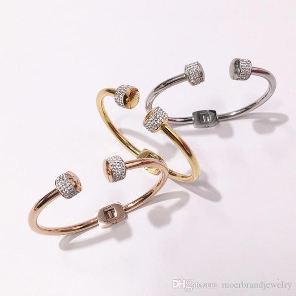 

fashion stainless steel bangle punk better crystal double ball cuff nail bracelet woman lady party gift rose gold color, White
