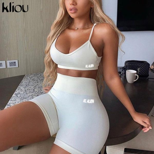 

kliou reflective letter print cotton 2 piece set women biker shorts v-neck crop sleeveless casual outfits summer fashion, White
