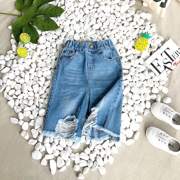 

children's summer new boys' and boys' rimmed wide leg capri pants fashionable a and jeans - line jeans, Blue
