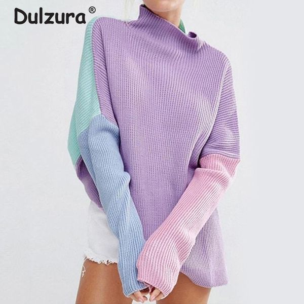 

chic mock turtleneck sweaters women color blocks patchwork pullovers oversized batwing sleeve knitted long sweater jumpers femme, White;black