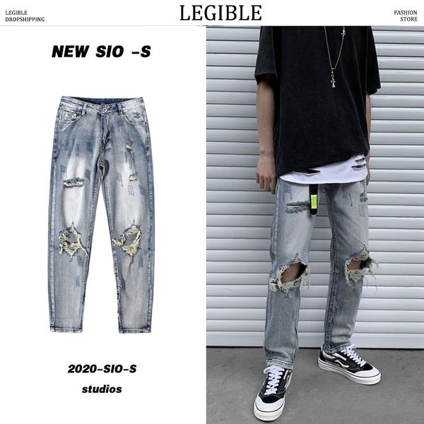 

legible men's high street summer straight ripped jeans man 2020 fashion hip hop jeans joggers male loose male denim pants, Blue