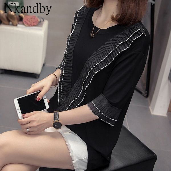 

plus size pleated patchwork t shirts women summer stylish loose short sleeve ruffles oversized korean t-shirts female, White