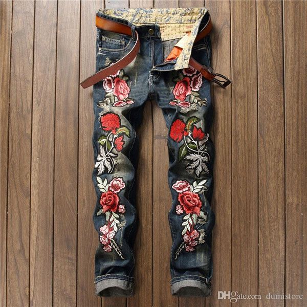 

2018 new designer men jeans famous brand italian luxury rose embroidered jeans slim fit mens printed jeans biker denim pants, Blue