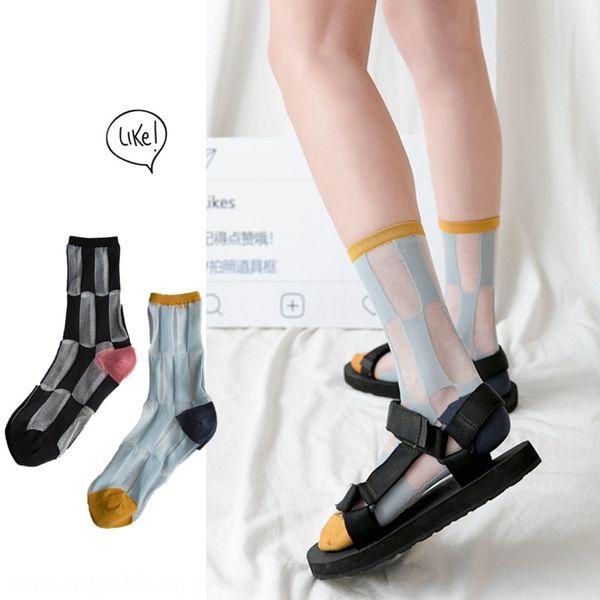 

19 summer and and socks new women's transparent glass stockings korean fashion plaid mid-tube card stockings breathable women's so, Pink;yellow