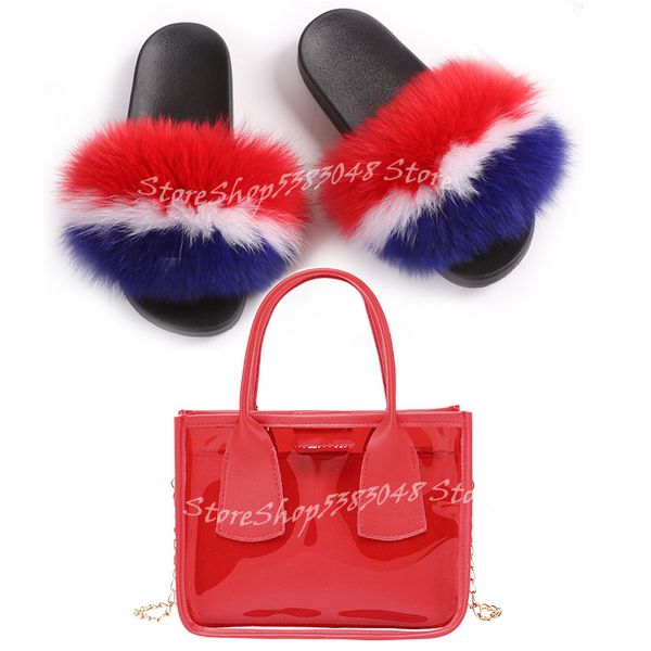 

women fur slippers real fur slides home furry flat ladies sandals cute plush fluffy house shoes small chain square handbag, Black