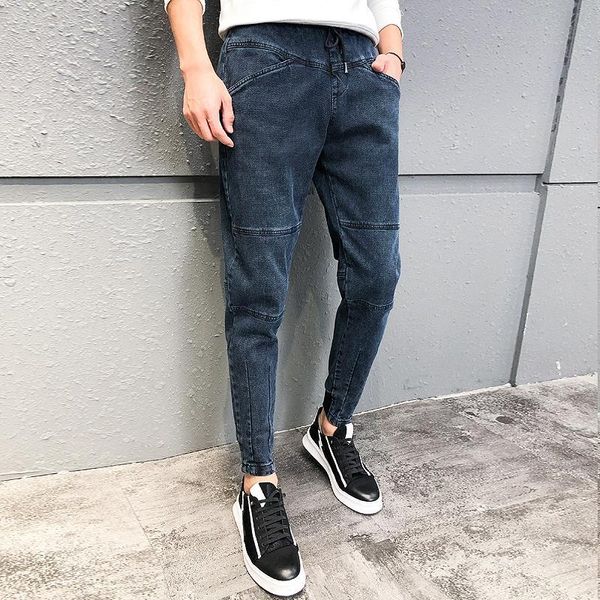 

winter men jeans korean patchwork design slim fit denim pants men all match casual trousers men pantalones hombre t200410, Black