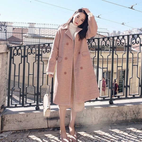 

women elegant cashmer coat 2020 autumn winter casual solid pockets patchwork double breasted woolen coats mujeres abrigos z529, Black