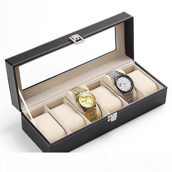 

e wholesale -6 slots faux leather wrist watch display box storage holder organizer case, Black;blue