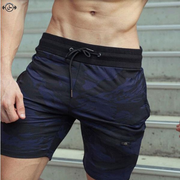 

mens camouflage blank running shorts quick dry fitness zip pocket sport shorts men marathon training short gym spandex, Black;blue