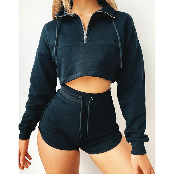 

women's tracksuits two piece set women clothes summer autumn long sleeve sweatshirts crop +drawsting shorts casual 2pcs sports suit, Gray