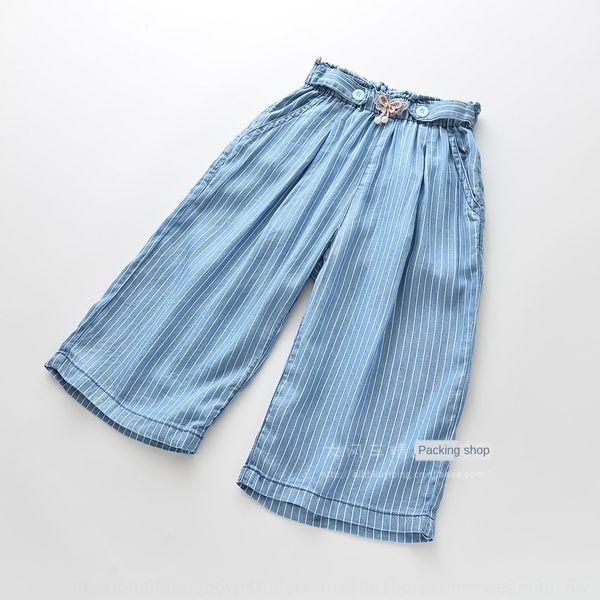 

0101-36 summer 2020 new lace bowknot girls elastic lace trousers butterfly trousers waist denim wide leg ankle-length pants, Blue