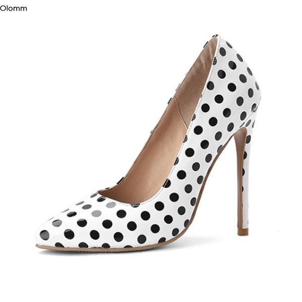 

olomm handmade women polka dot pumps stiletto heels pumps pointed toe gorgeous black white party shoes women plus us size 5-15