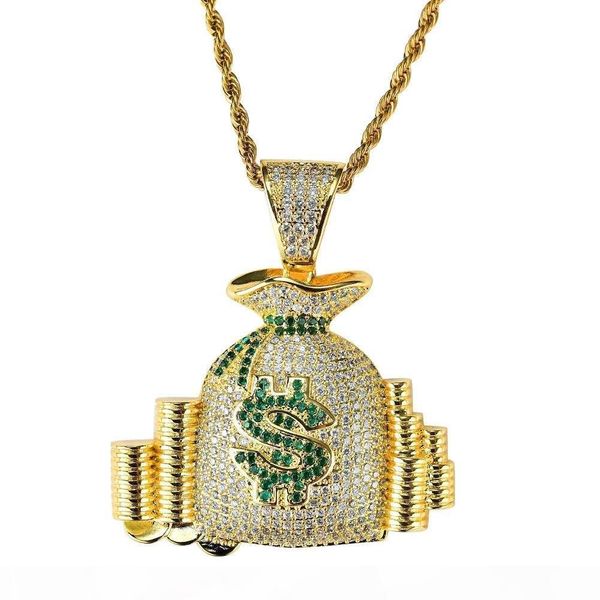 

hip hop money bag diamonds pendant necklaces for men women purse wallet coins luxury necklace jewelry gold plated copper zircons cuban chain, Silver