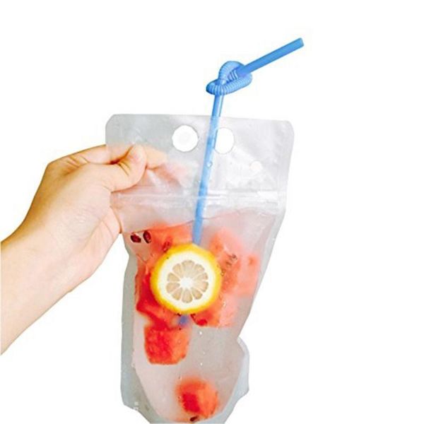 

clear drink pouches bags frosted zipper stand-up plastic drinking bag with straw with holder reclosable heat-proof self supporting bag