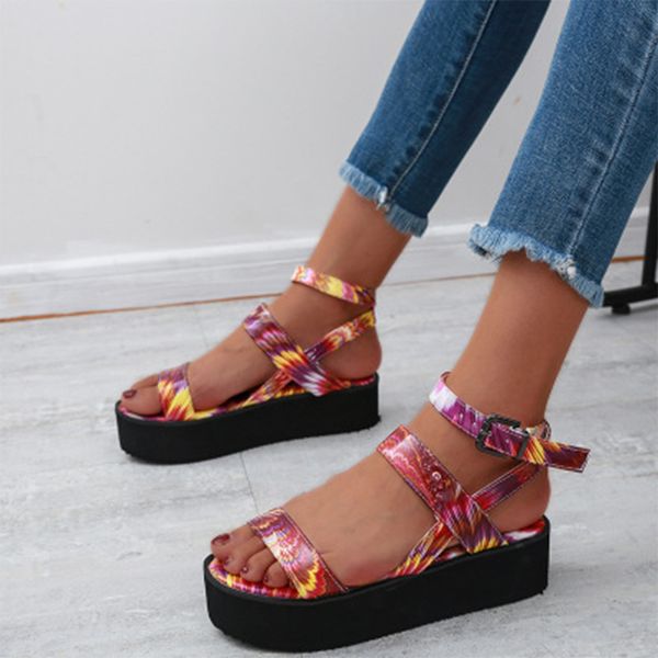

women print sandal 2020 summer woman colorful flat platform ladies ankle buckle strap female casual shoe women's silde plus size, Black
