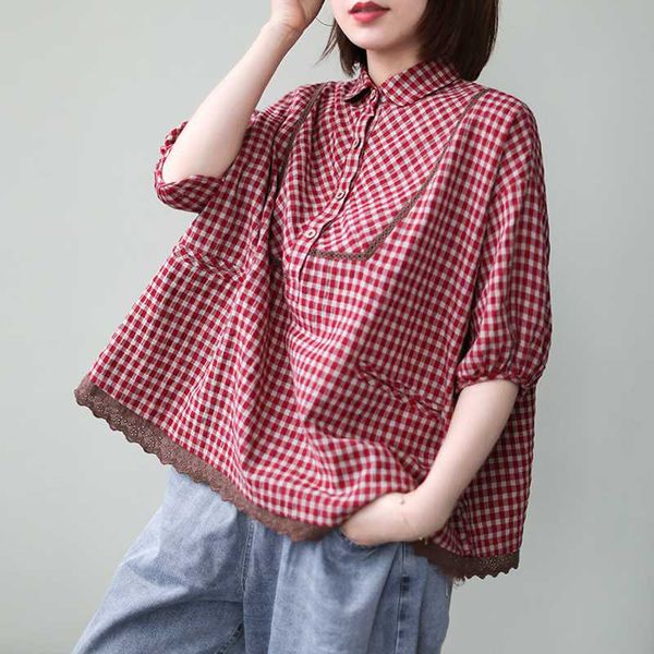 

johnature women cloths lace plaid shirts vintage loose casual half sleeve 2020 spring cotton turn-down collar shirts, White