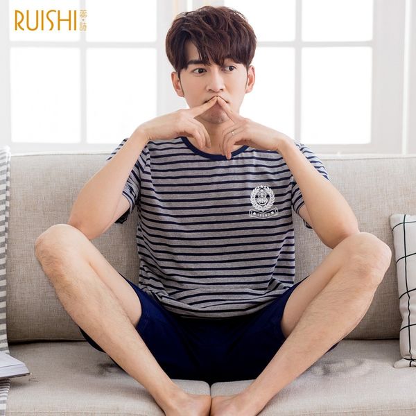 

men's short-sleeved summer cotton thin striped large size leisure outdoor home wear pajamas pajamas suit for teenagers summer, Black;brown
