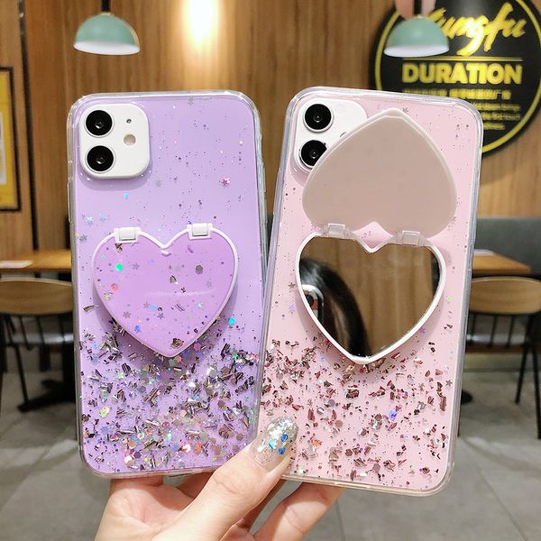 

heart mirror sequins glitter phone case for iphone 11 pro max xr xs max 6 7 8 plus x soft epoxy stand back cover