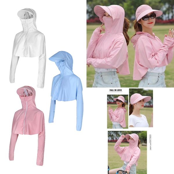 

3pcs ladies coat thin hooded jacket sun hat casual outdoor cycling, Black;white