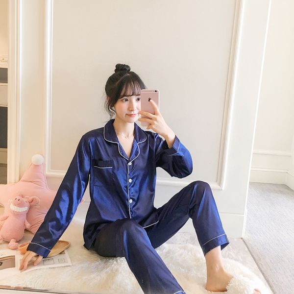 

xgjcf weimi ice silk female autumn long sleeve thin style sweet student two-piece suit simulation simulation pajamas home pajamas silk sexy, Blue;red