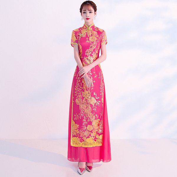 

ethnic clothing vintage flower embroidery qipao women short sleeve long elegant cheongsam traditional chinese bride wedding dress gown xs-3x, Red