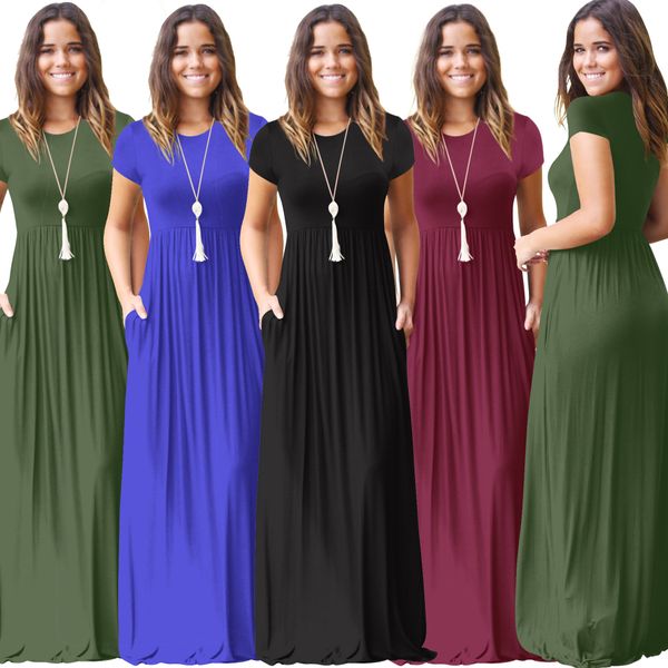 

cross-border supply european and american womens new long skirt spring and summer short-sleeved casual pocket dress, White;black