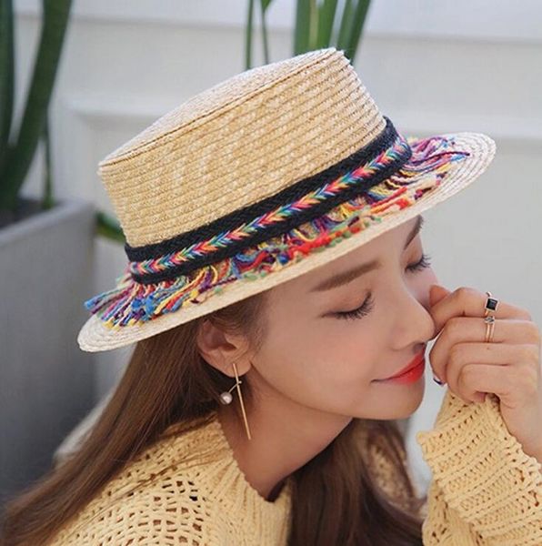 

korean style summer parent-child color tassel flat children's straw women's sunshade beach hat straw hat tide, Yellow