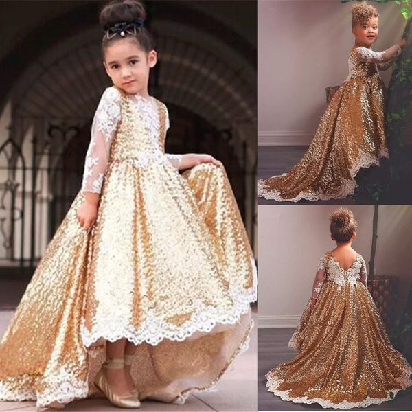 

gold sequined flower girl dresses for wedding lace long sleeves high low toddler pageant gowns appliqued ball gown, Red;yellow