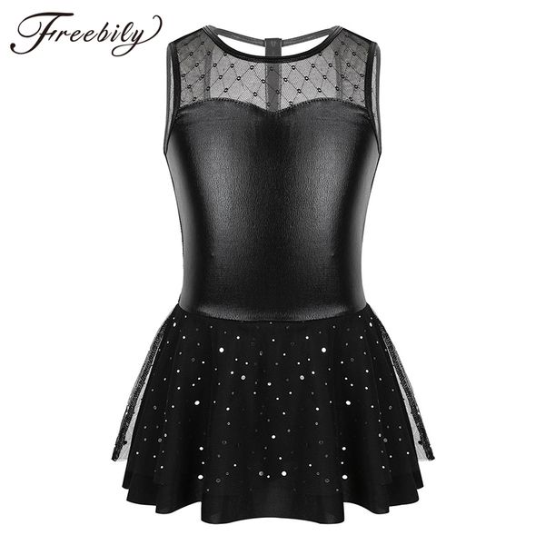 

kids teens black metallic mesh splice gymnastics leotard dress ballet tutu children girls figure skating dance costumes, Black;red
